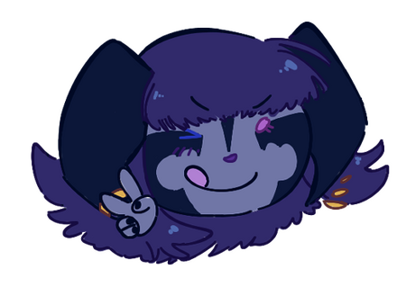 A chibi face of Odtuya, a little blue-skinned and blue-haired Xaela, winking at the camera with a goofy, tongue-out smile.