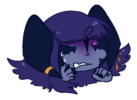 A chibi face of Odtuya, a little blue-skinned and blue-haired Xaela, recoiling from and grimacing at something.