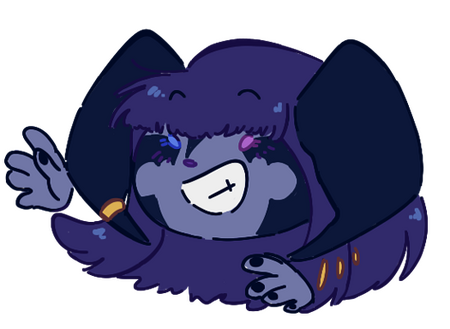 A chibi face of Odtuya, a little blue-skinned and blue-haired Xaela, waving, wearing a big toothy smile.