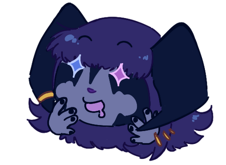 A chibi face of Odtuya, a little blue-skinned and blue-haired Xaela, looking starry-eyed and drooling over whatever she sees.